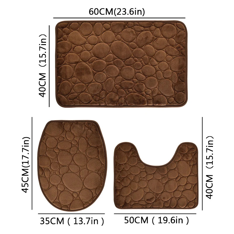 Solid Color Bathroom Floor Mat Set – Water-Absorbing, Non-Slip Stone Pattern, Comfortable & Soft 3-Piece Set