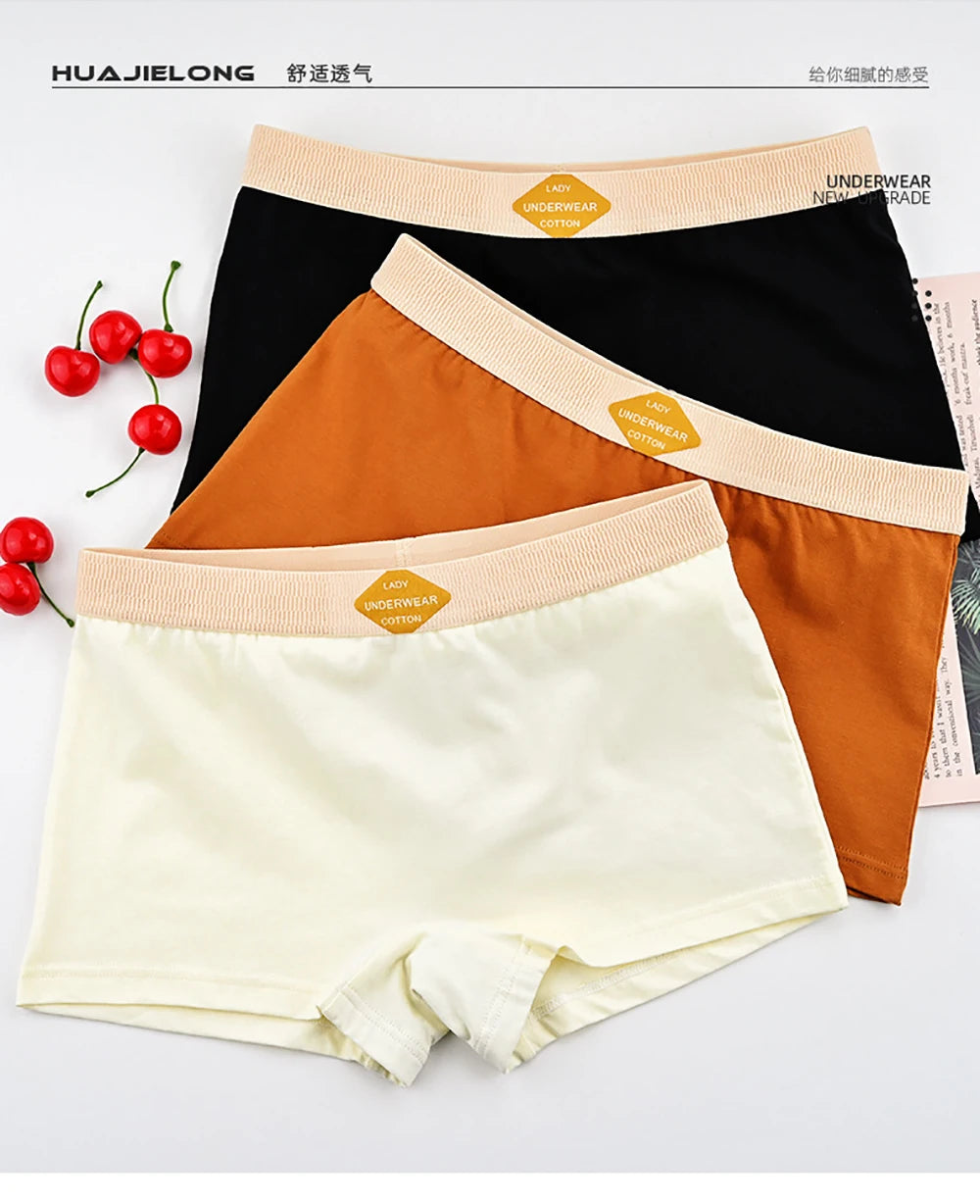 3PCS Women’s Cotton Boxer Underwear — Multicolor Solid Breathable Knit Panties, Soft High-Elastic Mid-Rise Boyshorts