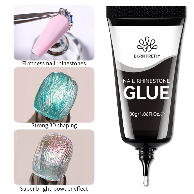 BORN PRETTY 10g Gel Nail Glue for Rhinestones - Super Adhesive, No Wipe Nail Gem Glue for 3D Crystals, Beads, Diamonds & Stickers