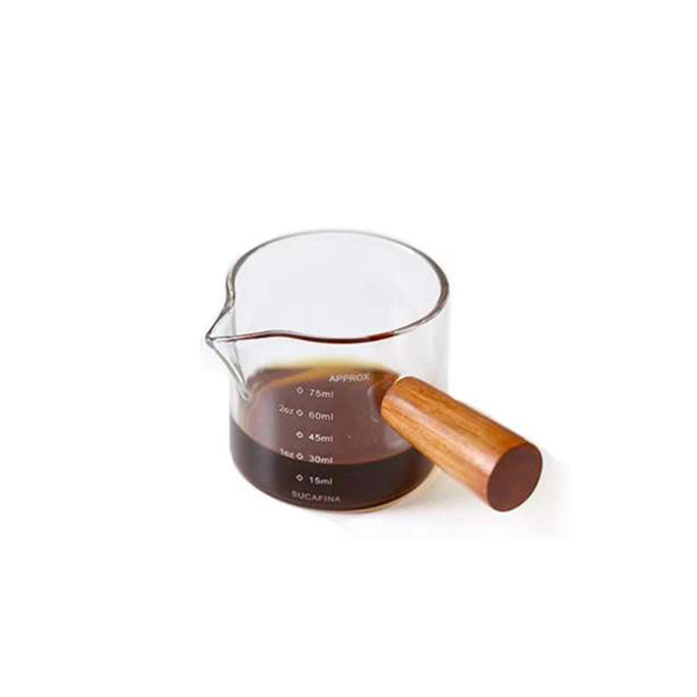 Glass Measuring Cup with Wood Handle – Clear Espresso and Milk Coffee Mug with Double Spout