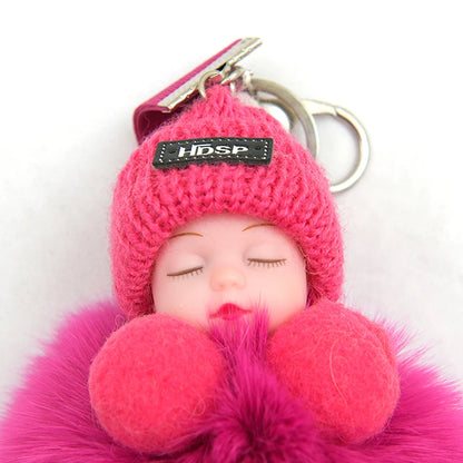 Cute Pompom Sleeping Baby Keychain - Fluffy Plush Doll Bag Charm, Key Ring & Gift for Women and Girls