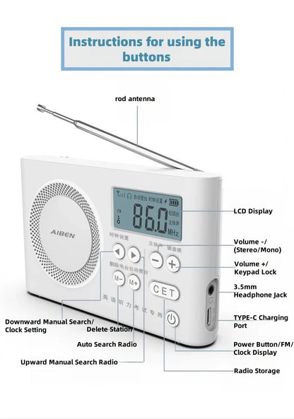 AIBEN C5S Mini Portable Radio — Handheld Rechargeable Digital FM Radio with USB Charging Port & Built-In Speaker