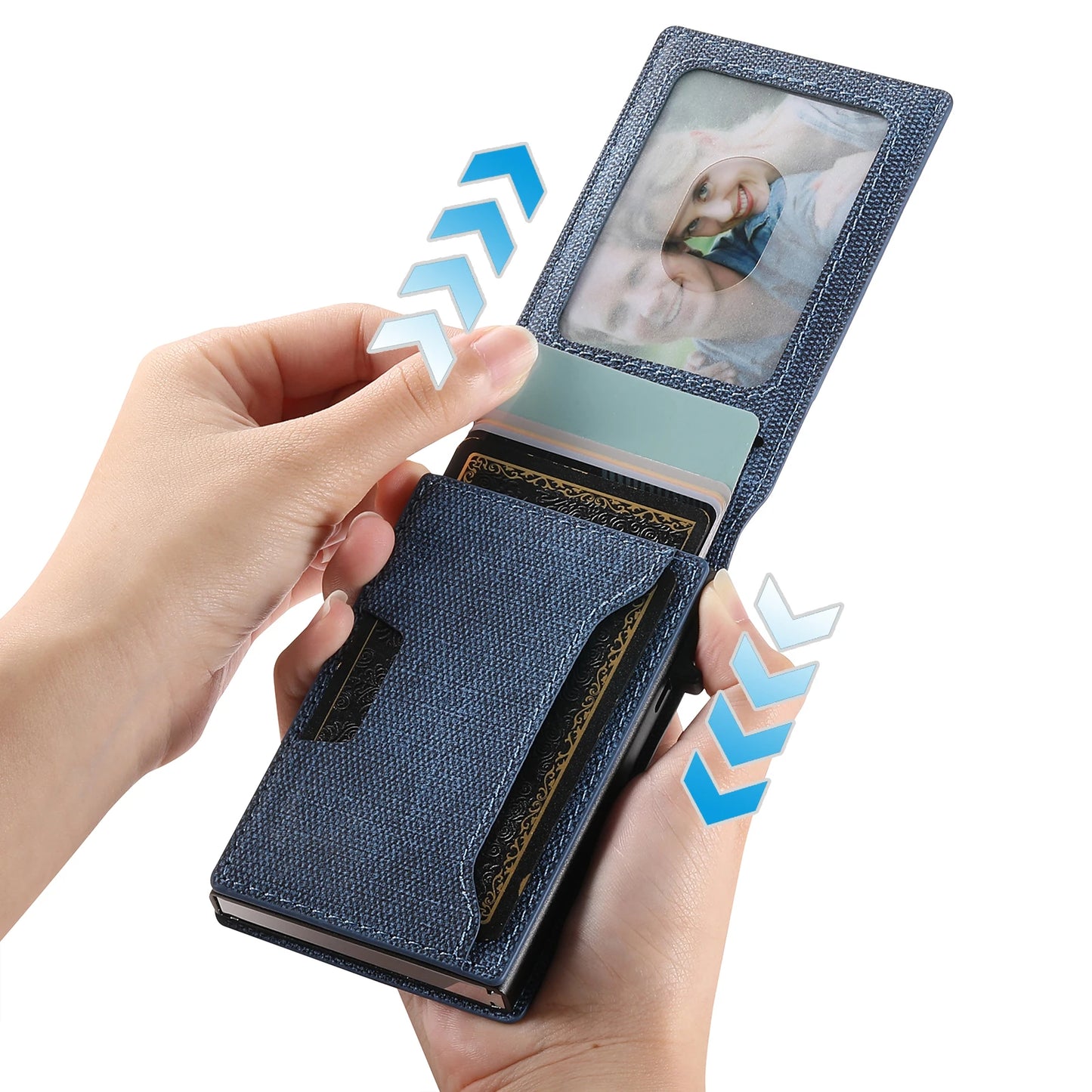 Push-Out PU Leather Card Holder Wallet – Large Capacity for 1–12 Cards & 1 Photo, Black/Brown/Blue