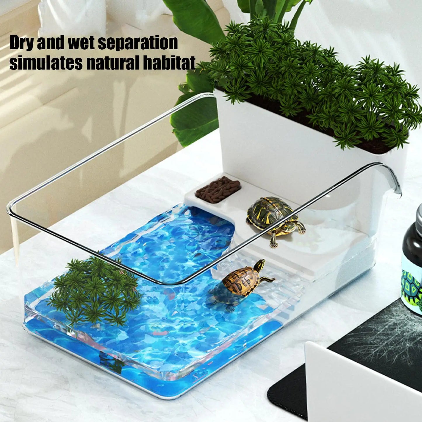 Transparent Turtle Tank Habitat - Reptile Terrarium with Basking Area for Turtles, Tortoises & Hermit Crabs