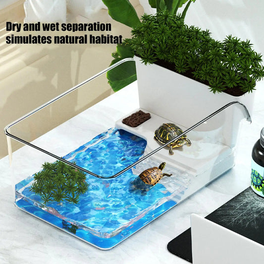 Transparent Turtle Tank Habitat - Reptile Terrarium with Basking Area for Turtles, Tortoises & Hermit Crabs