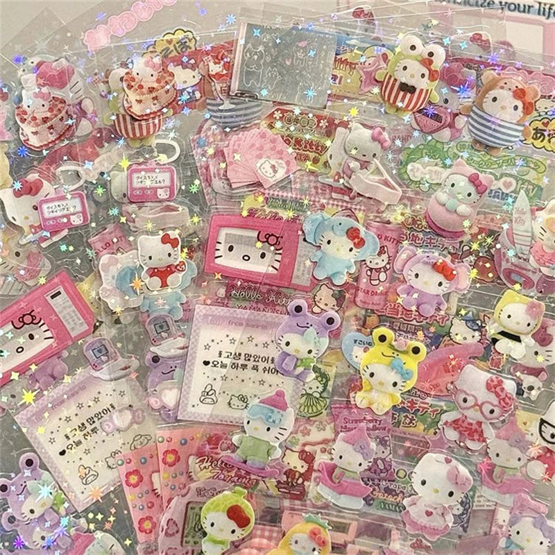 5pcs Hello Kitty Rilakkuma Cartoon Die-Cut Stickers, Cute Kitty Cat Flashing Laser Stickers, Anime Handbooks Material Stickers