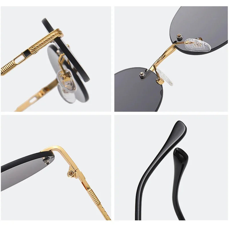 Retro Oval Rimless Sunglasses – Blue Mirror Gold Metal UV400 for Men & Women