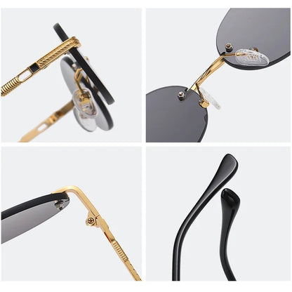 Retro Oval Rimless Sunglasses – Blue Mirror Gold Metal UV400 for Men & Women