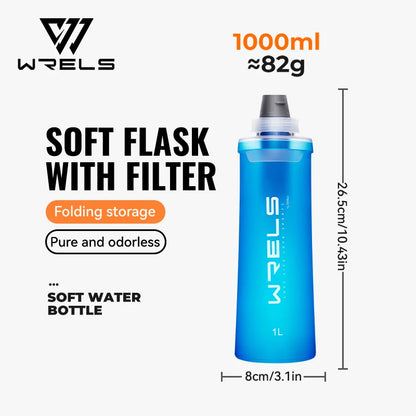 WRELS Soft Water Bottle with Filter - Ultralight Collapsible Hiking & Camping Hydration Flask