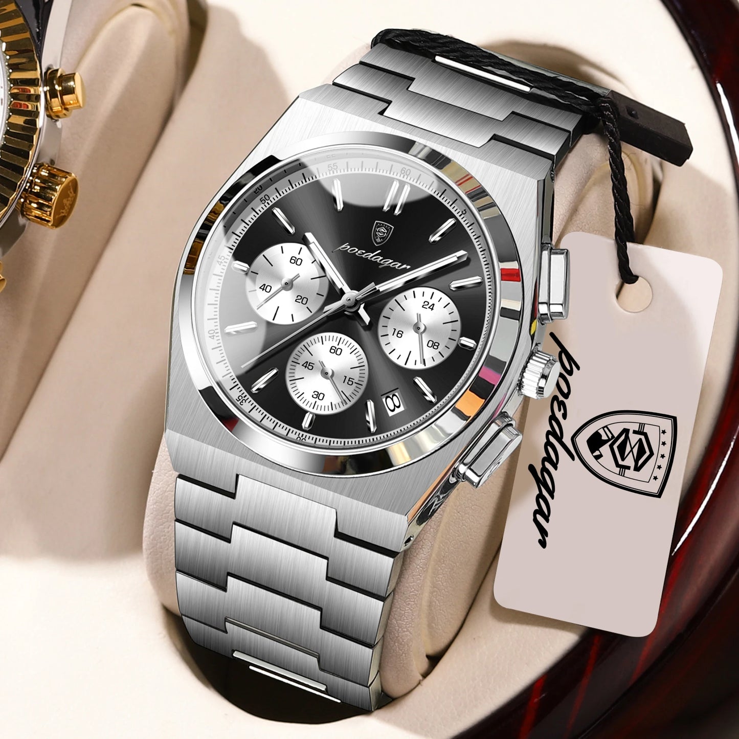 POEDAGAR Luxury Men’s Sport Chronograph Watch – Stainless Steel Waterproof Quartz Wristwatch with Date & Luminous Display
