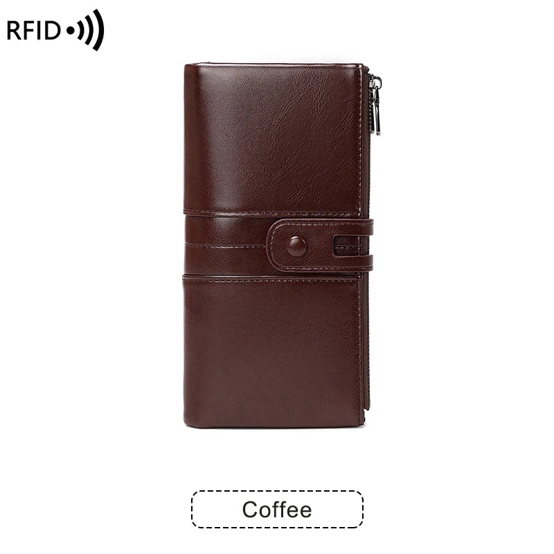 RFID Blocking Large Capacity Wallet – Soft Leather Solid Color Clutch, Multi-Functional Zipper Purse for Women & Men