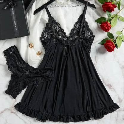 Women’s Lingerie Set — Plus Size Lace Nightgown, Thong & Suspender Sexy Sleepwear