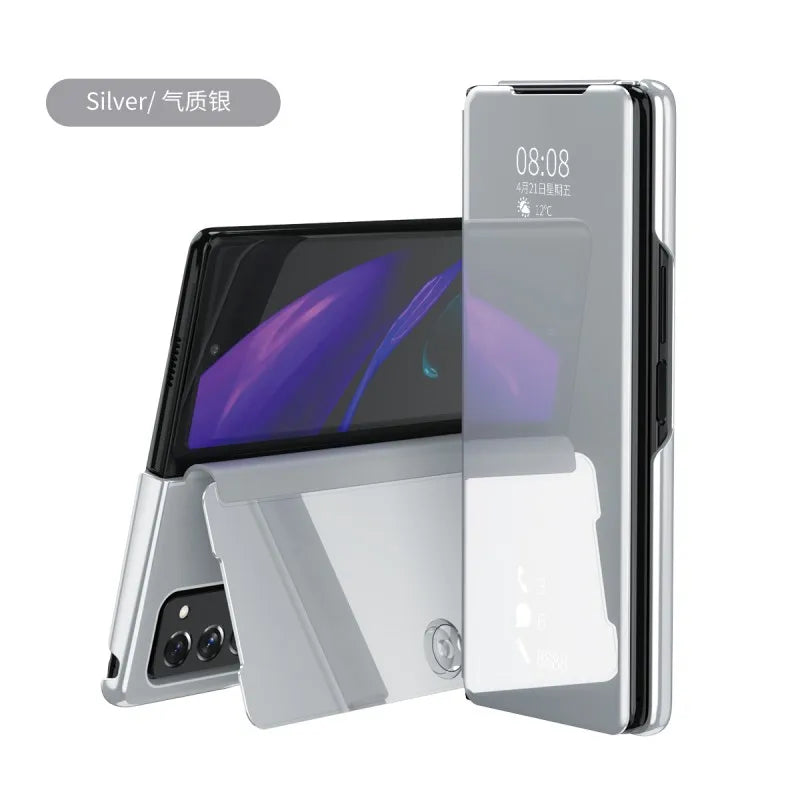 Smart Flip Case for Samsung Galaxy Z Fold – PU Leather Mirror Plating Kickstand Cover, Shockproof Funda for Fold 2/3/4/5/6 & W21/W22 5G