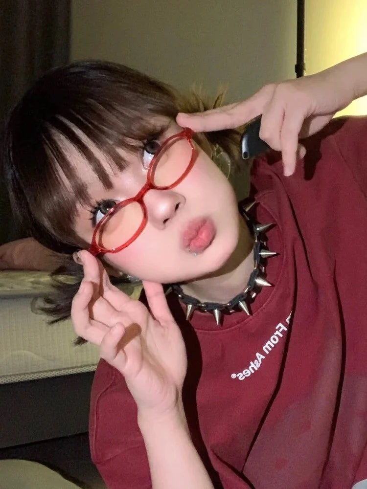 2024 Girls Y2K Retro Oval Glasses - Red & Green Frame, Anti-Blue Light Eyewear for Computer & Seaside Driving