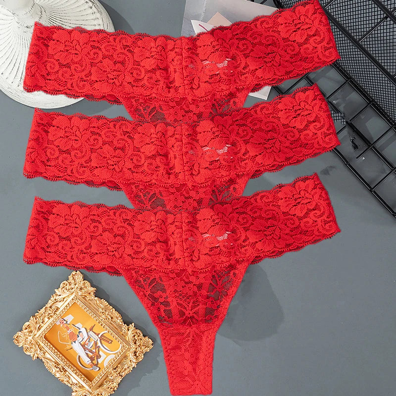 3PCS Lace Floral Women’s Panties - Low Waist Breathable Briefs & Thong, Sexy G-String Transparent Underwear (M-2XL)