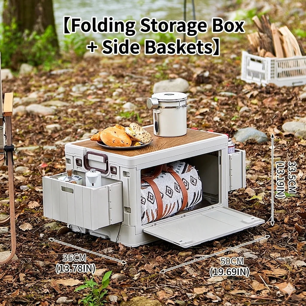 Folding Storage Box - Flat Outdoor Camping, Trunk Organizer & Gift Storage Box with Wooden Lid