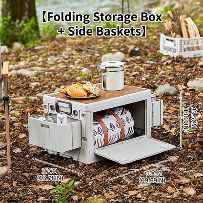 Folding Storage Box - Flat Outdoor Camping, Trunk Organizer & Gift Storage Box with Wooden Lid