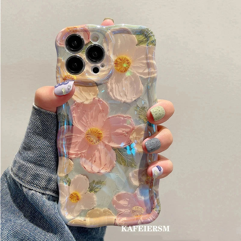 Laser Blue Light Flowers Phone Case for iPhone 11 to 14 Pro Max – Luxury Shockproof TPU Soft Silicone Cover
