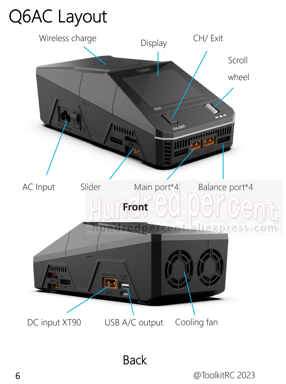 ToolkitRC Q6AC Charger — AC 400W/DC 1000W 4CH with USB A/Type-C, LiPo 1-6S, NiMH 1-16S, PB 1-10S, IPS Display