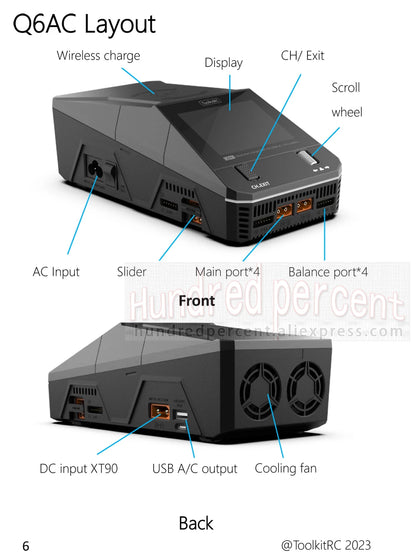 ToolkitRC Q6AC Charger — AC 400W/DC 1000W 4CH with USB A/Type-C, LiPo 1-6S, NiMH 1-16S, PB 1-10S, IPS Display