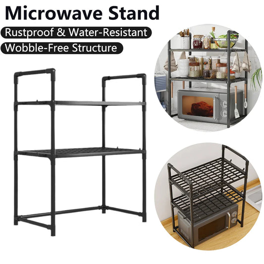 Extra Wide 2-Tier Microwave Stand — Heavy-Duty Kitchen Shelf with Handrail Hooks, Non-Slip Rack for Oven, Toaster & Spices