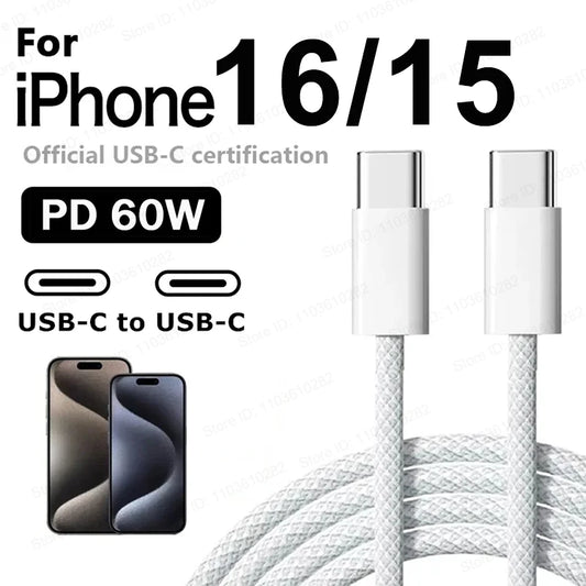 Original 60W PD USB-C to USB-C Fast Charger Cable – Quick Charging for iPhone 16 Pro Max, 15 Plus, Xiaomi, Samsung