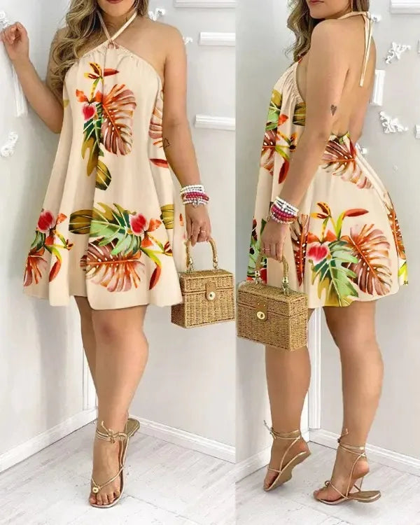 Women’s Tropical Print Halter Neck Backless Dress – Spring Summer Vacation Beach Party Sundress