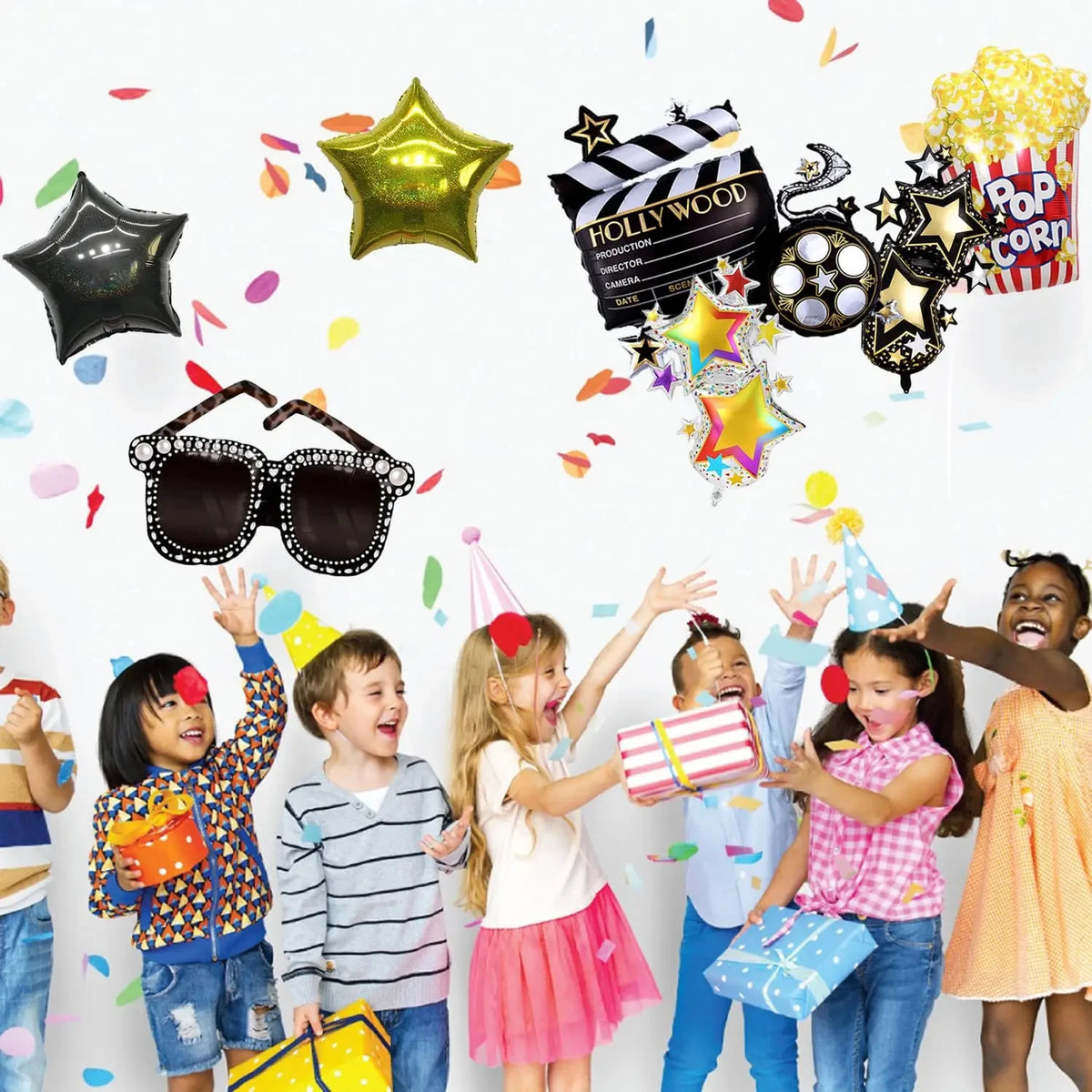 4-Piece Movie Night Party Decorations - Projector, Sunglasses and Popcorn Foil Balloons for Birthday Celebrations
