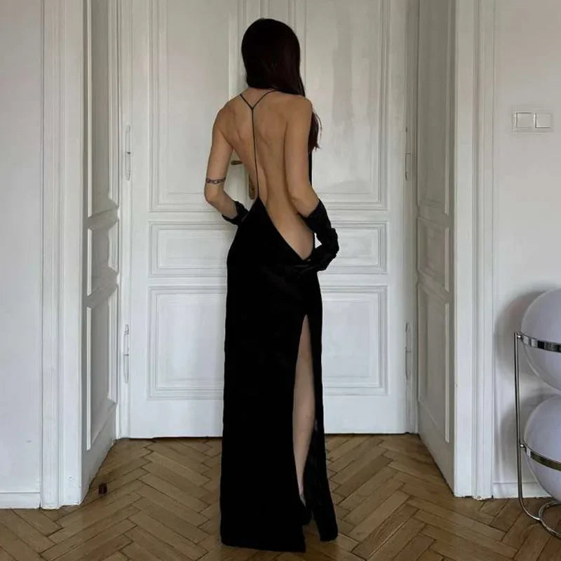 Mesh See-Through Halter Maxi Dress - Sleeveless Backless Bodycon Party Club Dress with High Split for Women