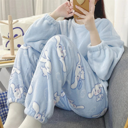 Sanrio Anime Flannel Pajamas - Cinnamoroll, Kuromi, My Melody Coral Velvet Pullover - Winter Warm Homewear for Girls