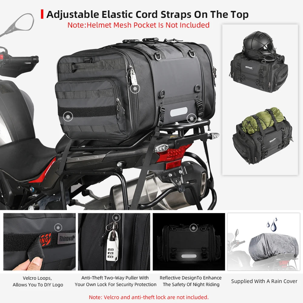 Rhinowalk Waterproof Motorcycle Travel Luggage Bag – 19L–80L Expandable Rear Tail/Trunk Rack Bag for Most Motorcycles