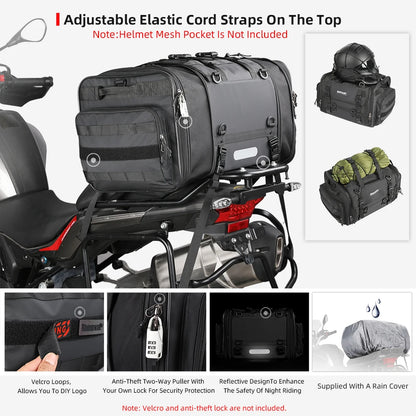 Rhinowalk Waterproof Motorcycle Travel Luggage Bag – 19L–80L Expandable Rear Tail/Trunk Rack Bag for Most Motorcycles