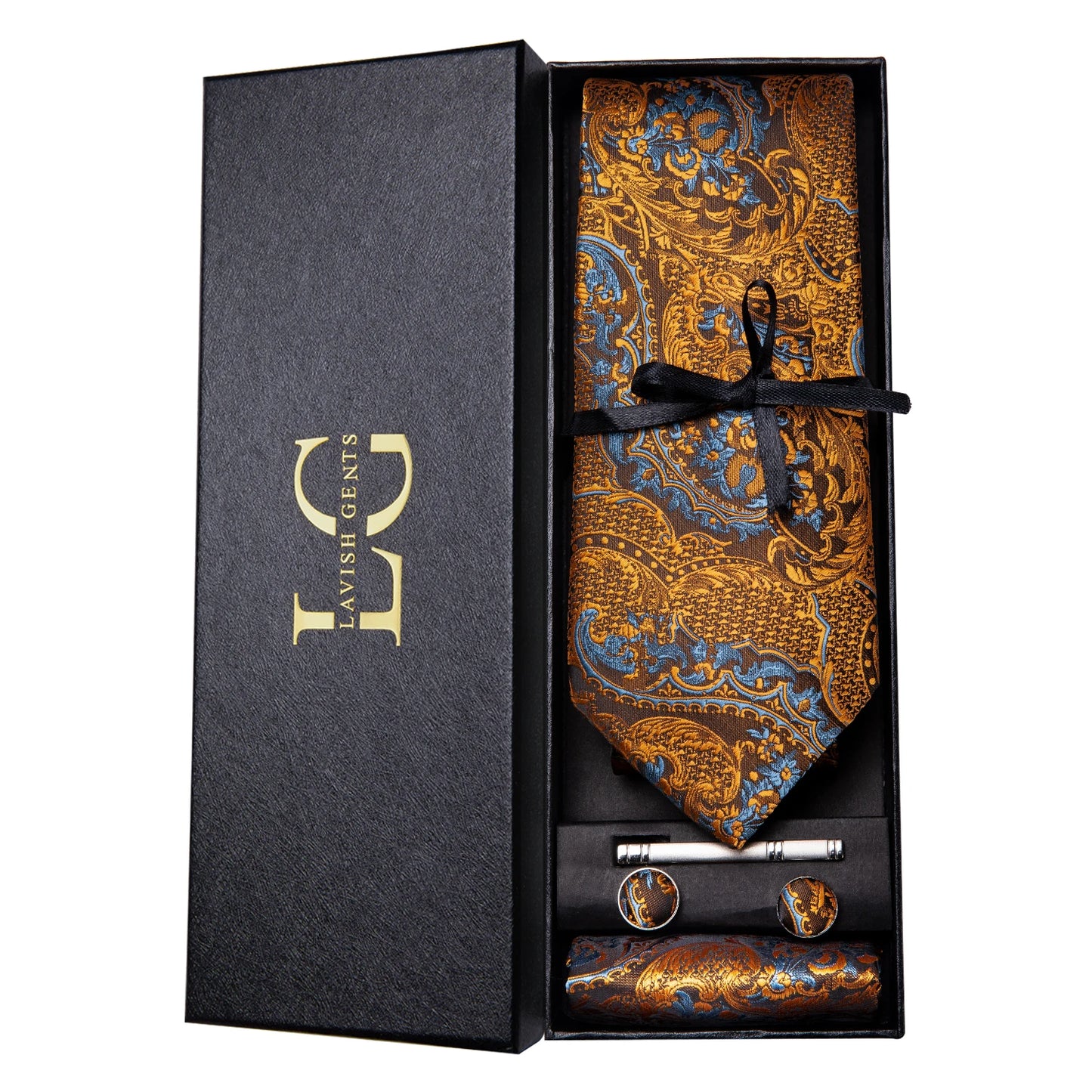 Hi-Tie Luxury Paisley Teal Green Tie Set - Men’s Classic Necktie with Handkerchief & Cufflinks Gift Box for Wedding & Formal Wear