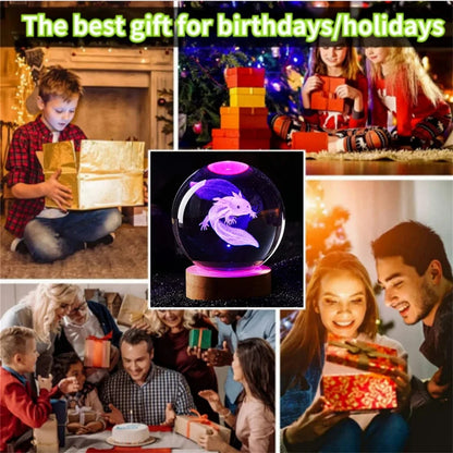 3D Axolotl Crystal Ball Night Light - Laser Engraved Colorful LED Birthday Gift & Cute Home Decoration