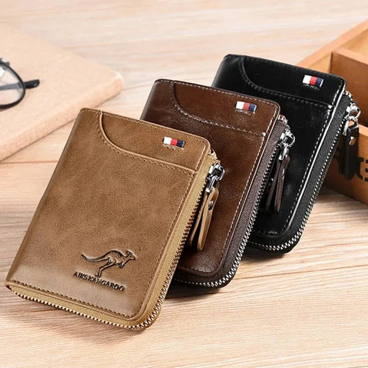 Men's Luxury Leather Wallet with Zipper - RFID Protected Business Card Holder and Purse