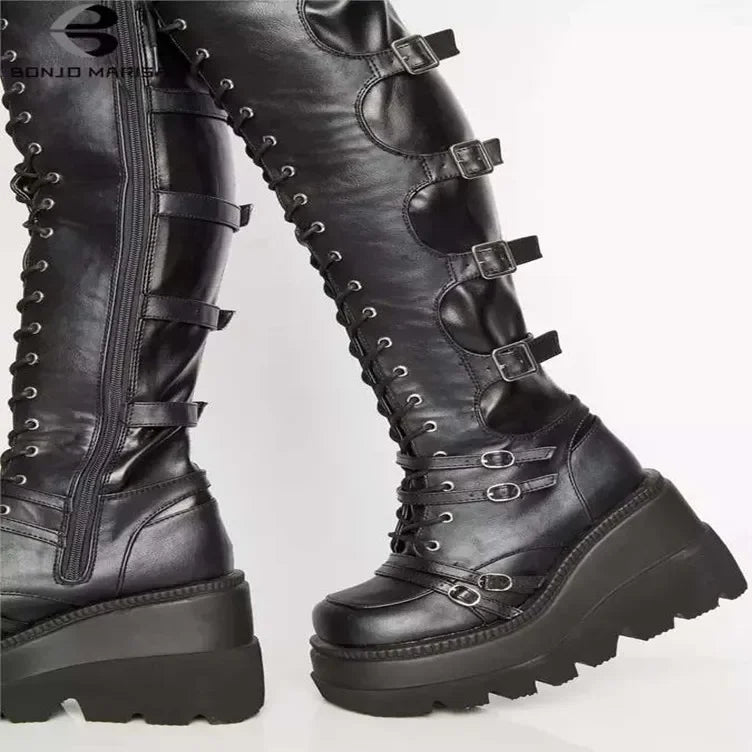Casual High Sock Boots for Women – Slope-Sided Belt Leather Buckle, Knee-Length Stockings for Winter Season