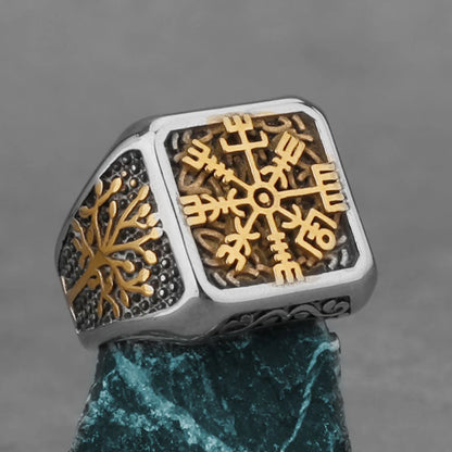 Nordic Viking Stainless Steel Ring - Compass Tree of Life Rune Wolf Amulet Jewelry for Men & Women