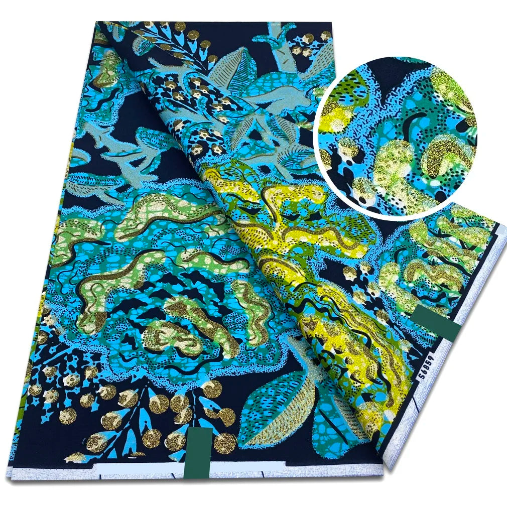 African Golden Glitter Wax Fabric - Soft Ankara Pagne Batik Gold Print Material for Women