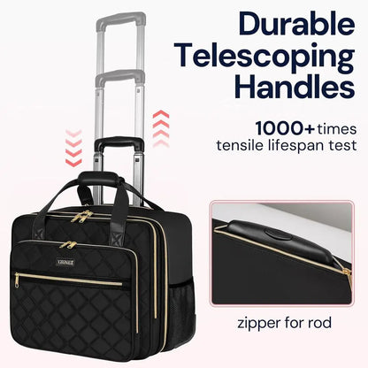 Extra Large 18" Laptop Rolling Bag for Women – Black Travel, Work & College Bag with Wheels