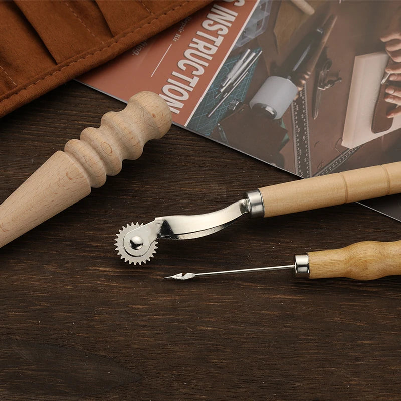 KRABALL Professional Leather Craft Tool Kit: Hand Sewing Repair Set - Wax Thread Stitching Punch Carving Work Groover DIY Tools