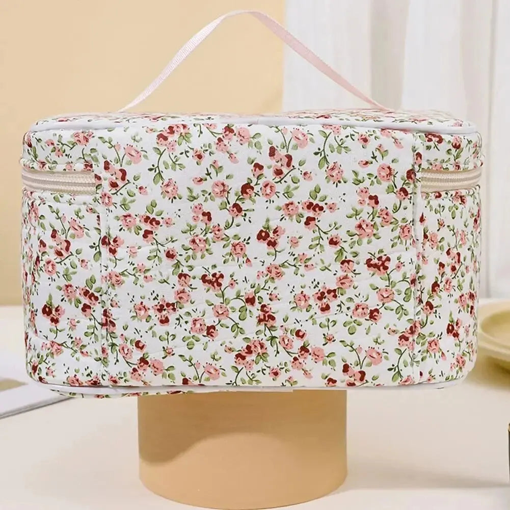 Cotton Floral Cosmetic Pouch – Dual Zipper Makeup Organizer, Portable Travel Storage & Wash Bag