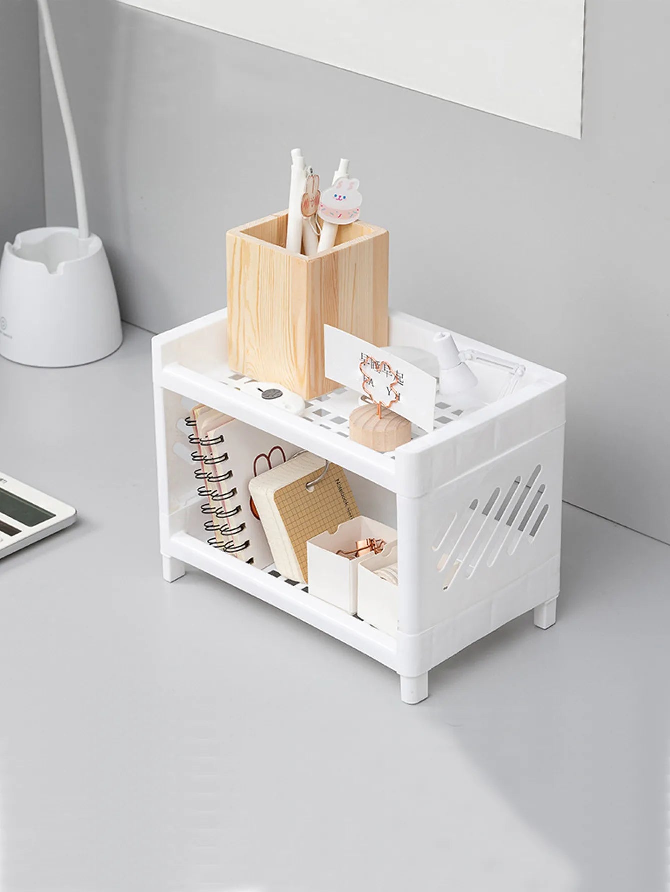 PP Desktop Double Layer Storage Rack: Rectangular White Organizer for Student Desks, Offices, Cosmetics, and Stationery