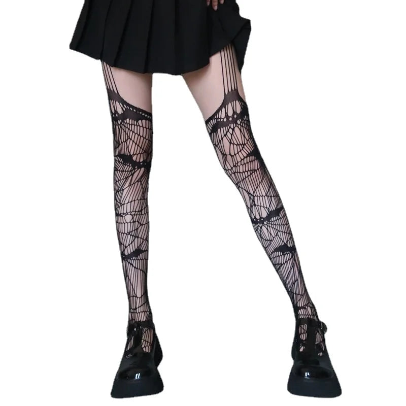 Women’s Gothic Bat Fishnet Stockings - Harajuku Emo Mesh Thigh High Tights with Sexy Alternative Lingerie Style