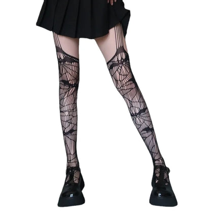 Women’s Gothic Bat Fishnet Stockings - Harajuku Emo Mesh Thigh High Tights with Sexy Alternative Lingerie Style