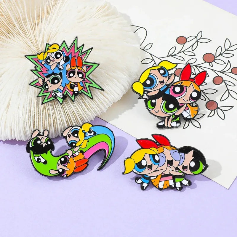 4-Piece Cartoon Anime Enamel Pin Set - Funny Blossom and Bubbles Metal Brooches for Backpacks, Clothing, and Gift Accessories