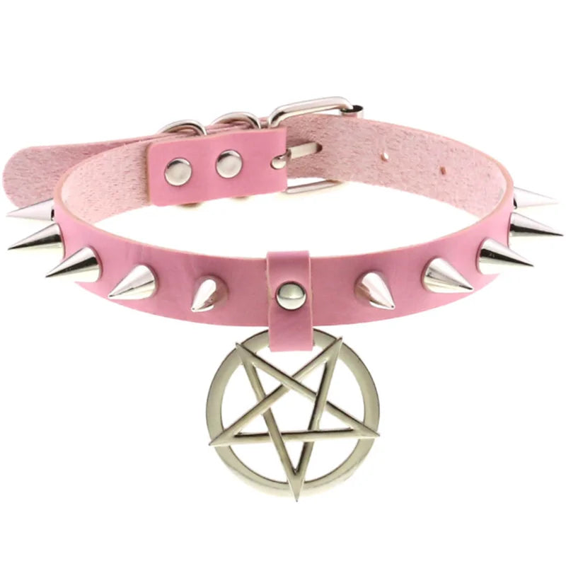 Harajuku Gothic Spike Rivet Star Choker Necklace – Black Bowknot PU Lace Leather Y2K Hip Hop Rock Jewelry for Girls