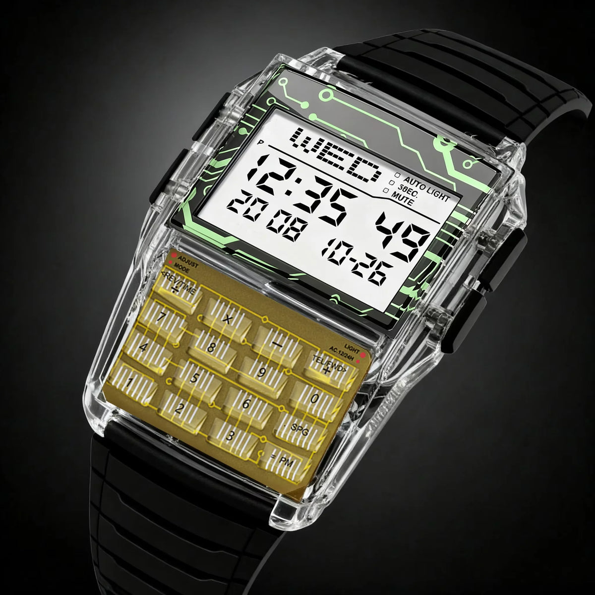 Transparent Plastic Calculator Watch - Men’s Multifunction Luminous LED Digital Computer-Style Wristwatch