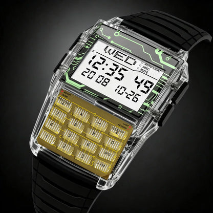 Transparent Plastic Calculator Watch - Men’s Multifunction Luminous LED Digital Computer-Style Wristwatch