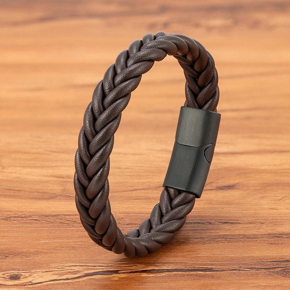 XQNI Braided Leather Bracelet - Stainless Steel Punk Charm Jewelry Gift for Men Husband Friend