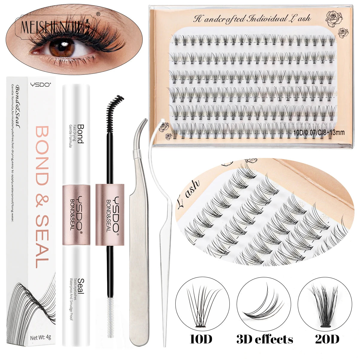 MEISHENJIE DIY Cluster Lash Extension Kit — 120 Bunches Individual Wispy False Eyelashes with Glue & Tweezer